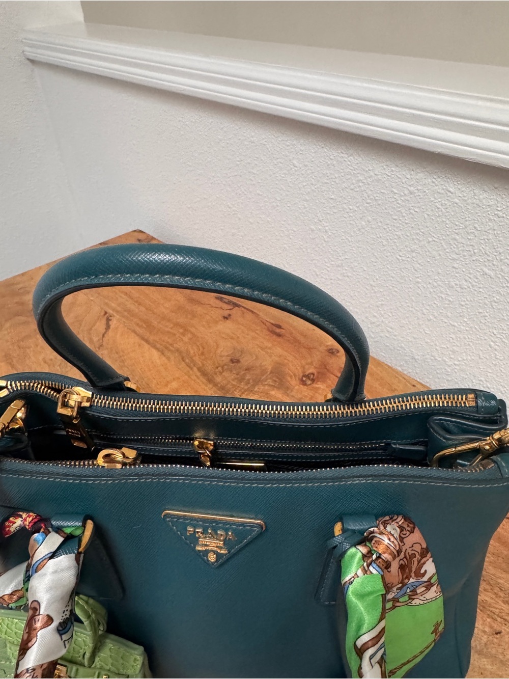 Prada Teal Saffiano Leather Satchel pm with Green Charm and Scarf-Wrapped Handle - Picture 9 of 9